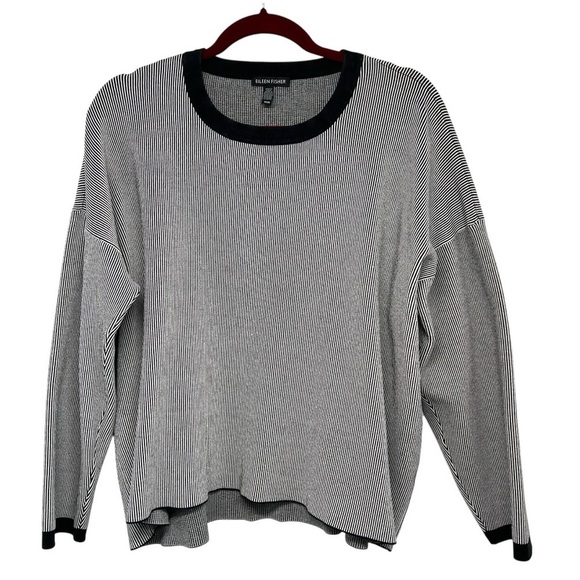 Eileen Fisher Black & White Mens Ringer Crew Neck Oversized Sweater Women Medium - Picture 5 of 10